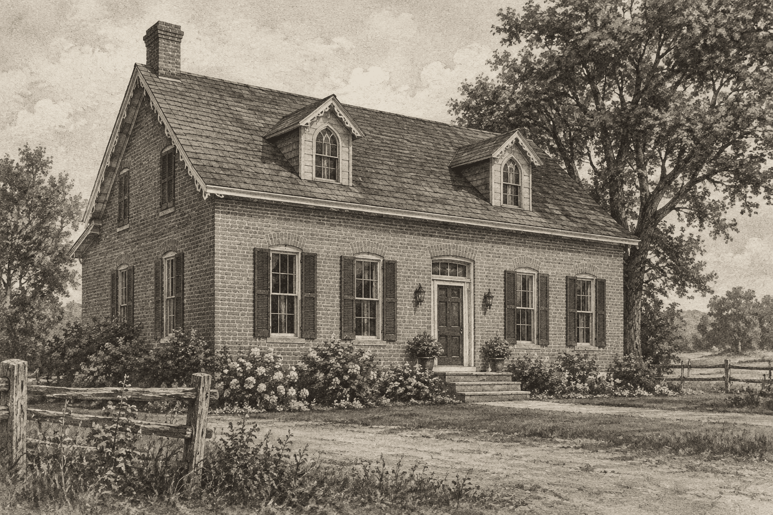A classic brick house surrounded by greenery and flowers.