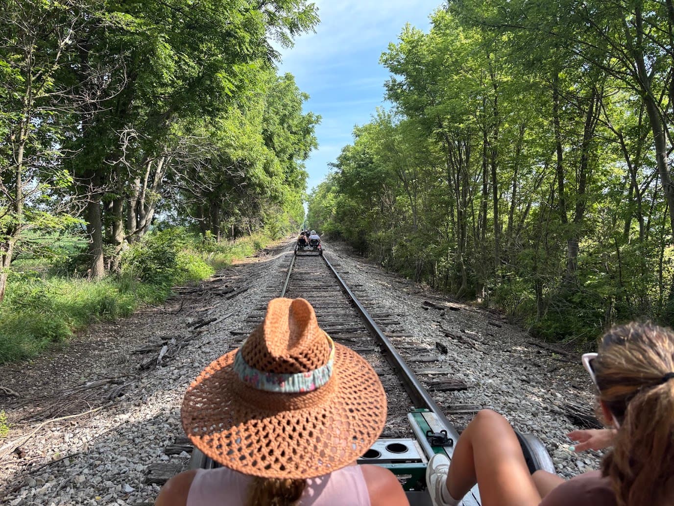 People ride on a light rail vehicle along a tree-lined railway track. People ride on a light rail vehicle along a tree-lined railway track.