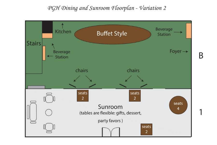 Floor plan of a dining and sunroom layout featuring a buffet area, beverage stations, and seating arrangements.