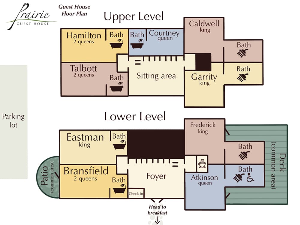 Floor plan of the Prairie Guest House showing the layout of rooms on both upper and lower levels.