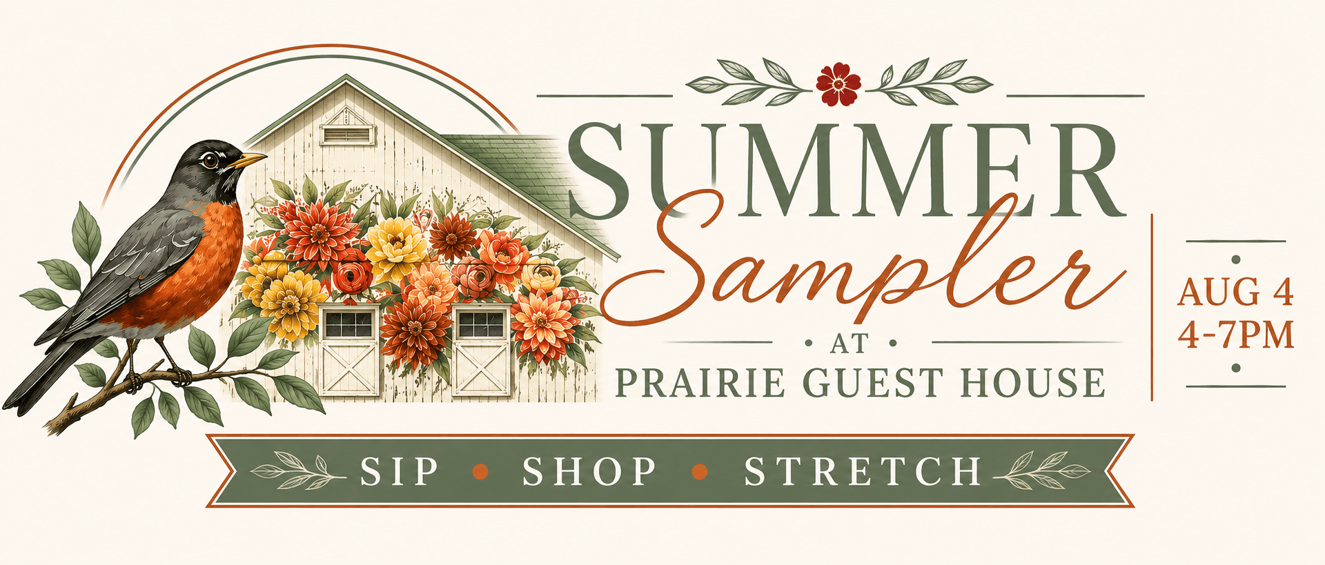 Graphic promoting the "Summer Sampler" event at Prairie Guest House on August 4, featuring a bird, flowers, and details for sipping, shopping, and stretching from 4-7 PM.