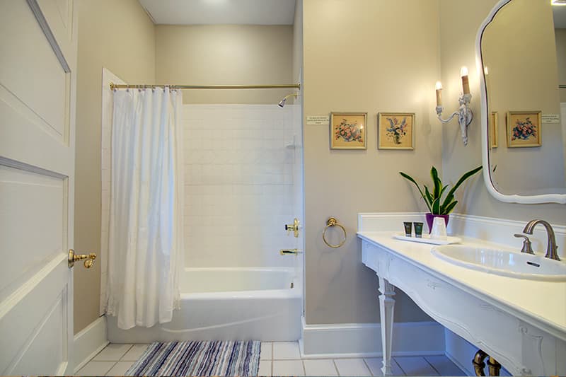 A modern bathroom featuring a bathtub with a shower curtain, a white sink vanity, wall art, and decorative plants.