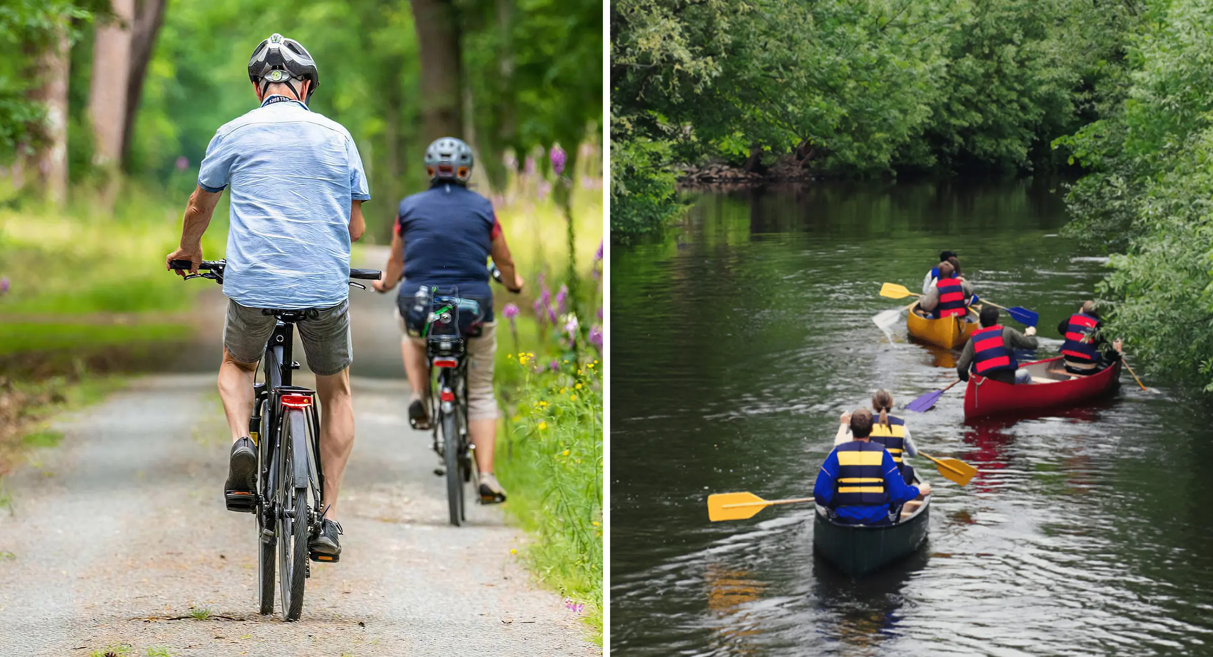 A split image showing two outdoor activities: cycling on a path and canoeing on a river.