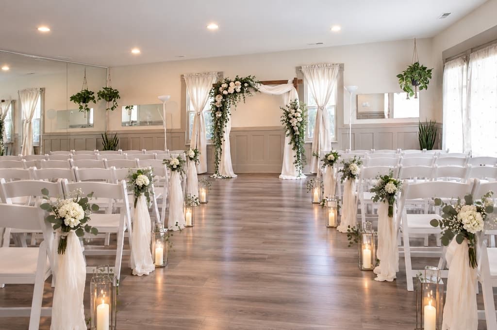 A beautifully decorated wedding ceremony space with rows of white chairs, floral arrangements, and an elegant altar.